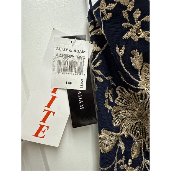 Betsy & Adam Size 14 Petite Navy Embellished Chiffon Gown Gold Floral Maxi Dress - Picture 11 of 12